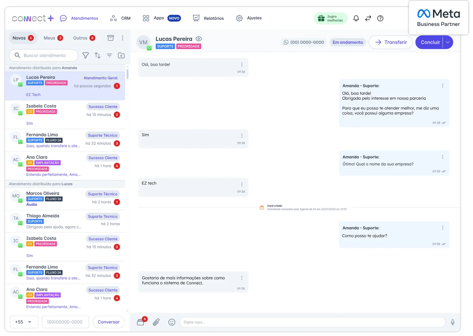 Tela da plataforma Connect+: Sistema de Atendimento via WhatsApp