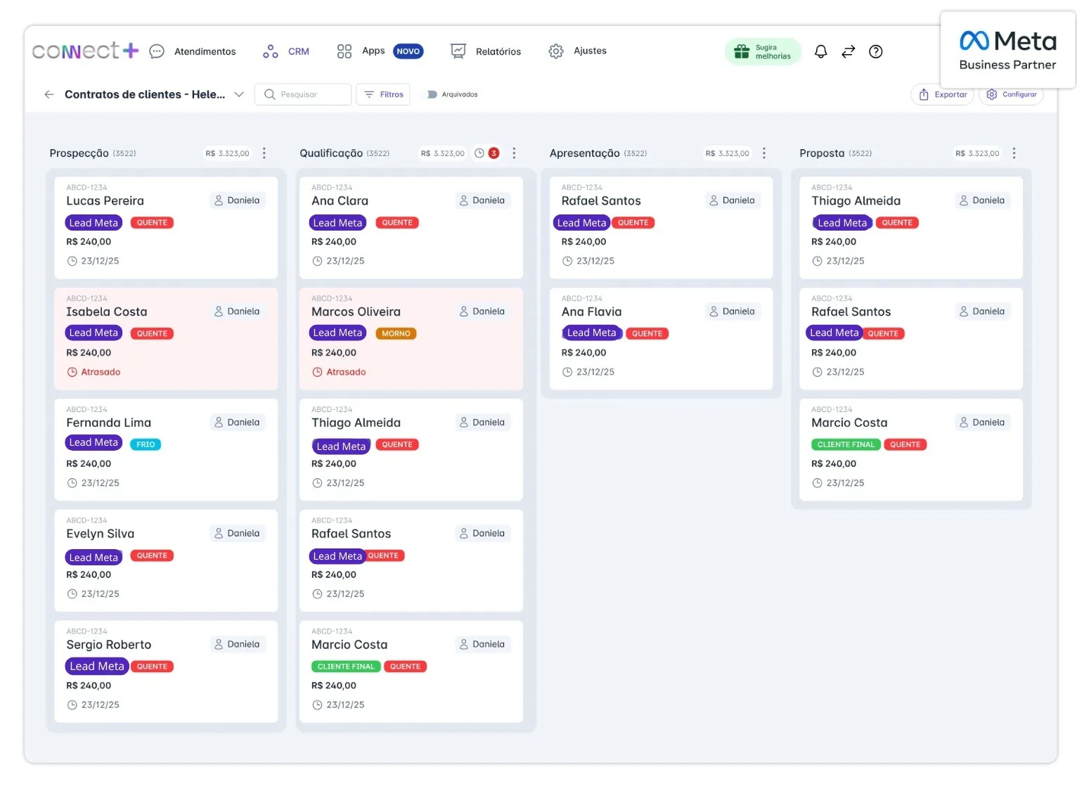 Tela da plataforma Connect+: WhatsApp com CRM nativo