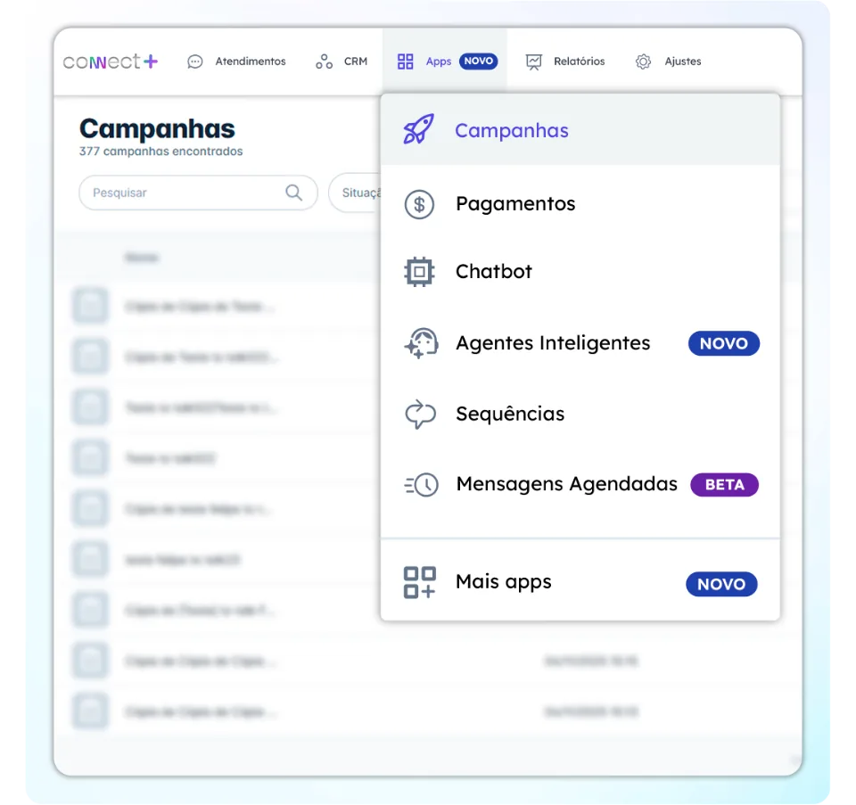 Tela da plataforma Connect+: Disparo de mensagem por whatsapp