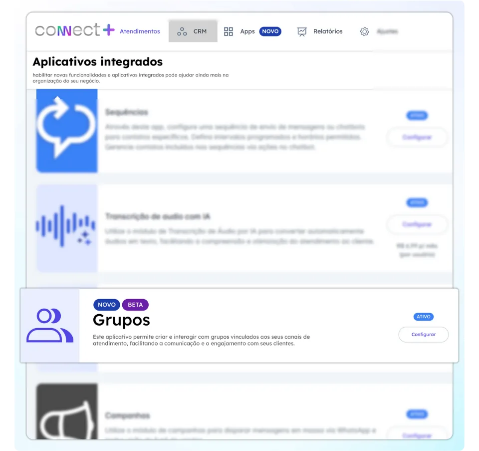 Tela da plataforma Connect+: Grupos na API Oficial