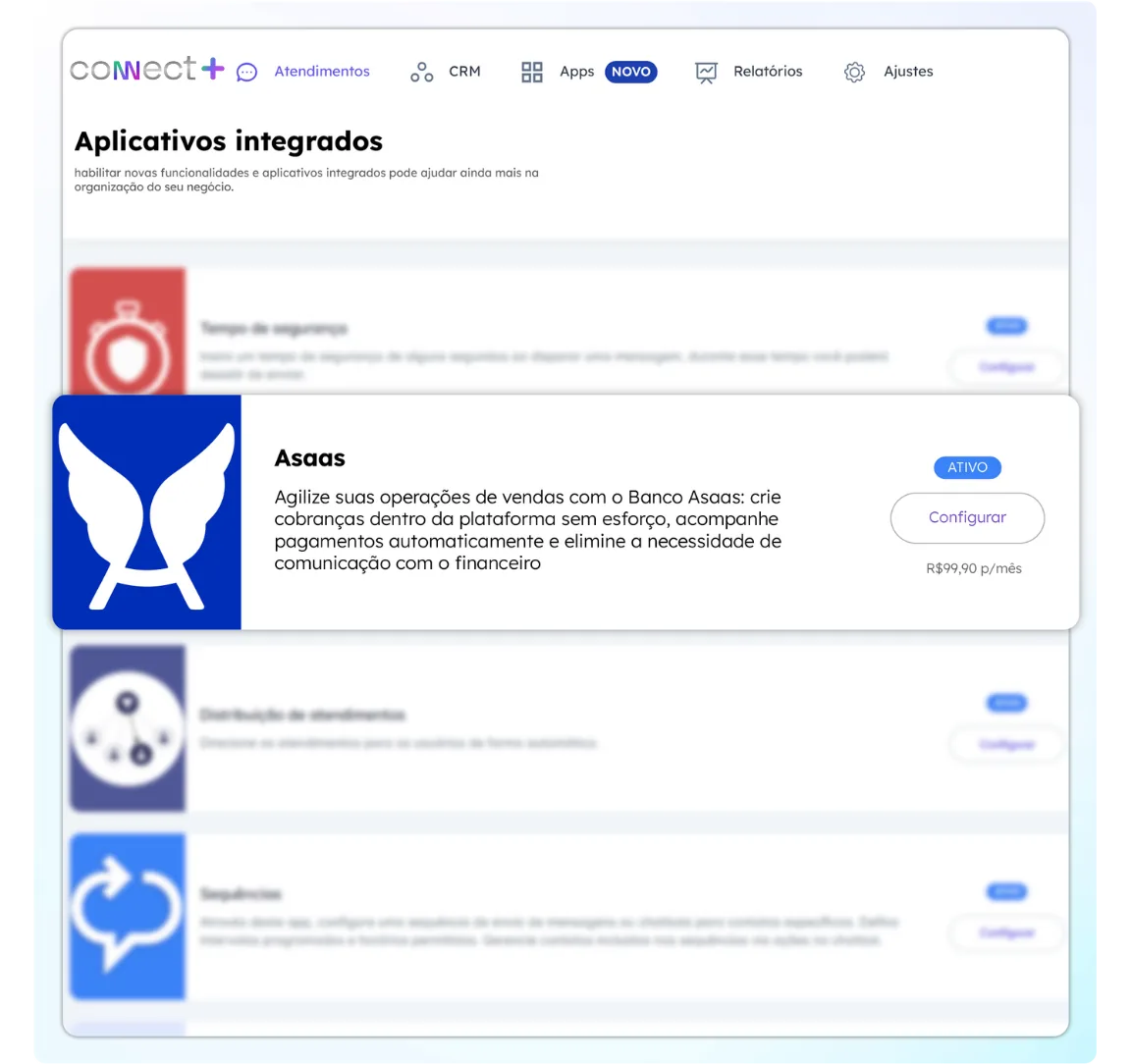 Tela da plataforma Connect+: Receba pagamentos pelo WhatsApp